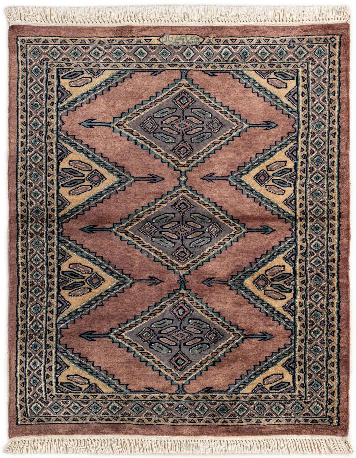 A 3x5 rectangular Bokhara rug in shades of purple, featuring a traditional tribal pattern with geometric diamonds and arrow motifs, made of wool and silk.