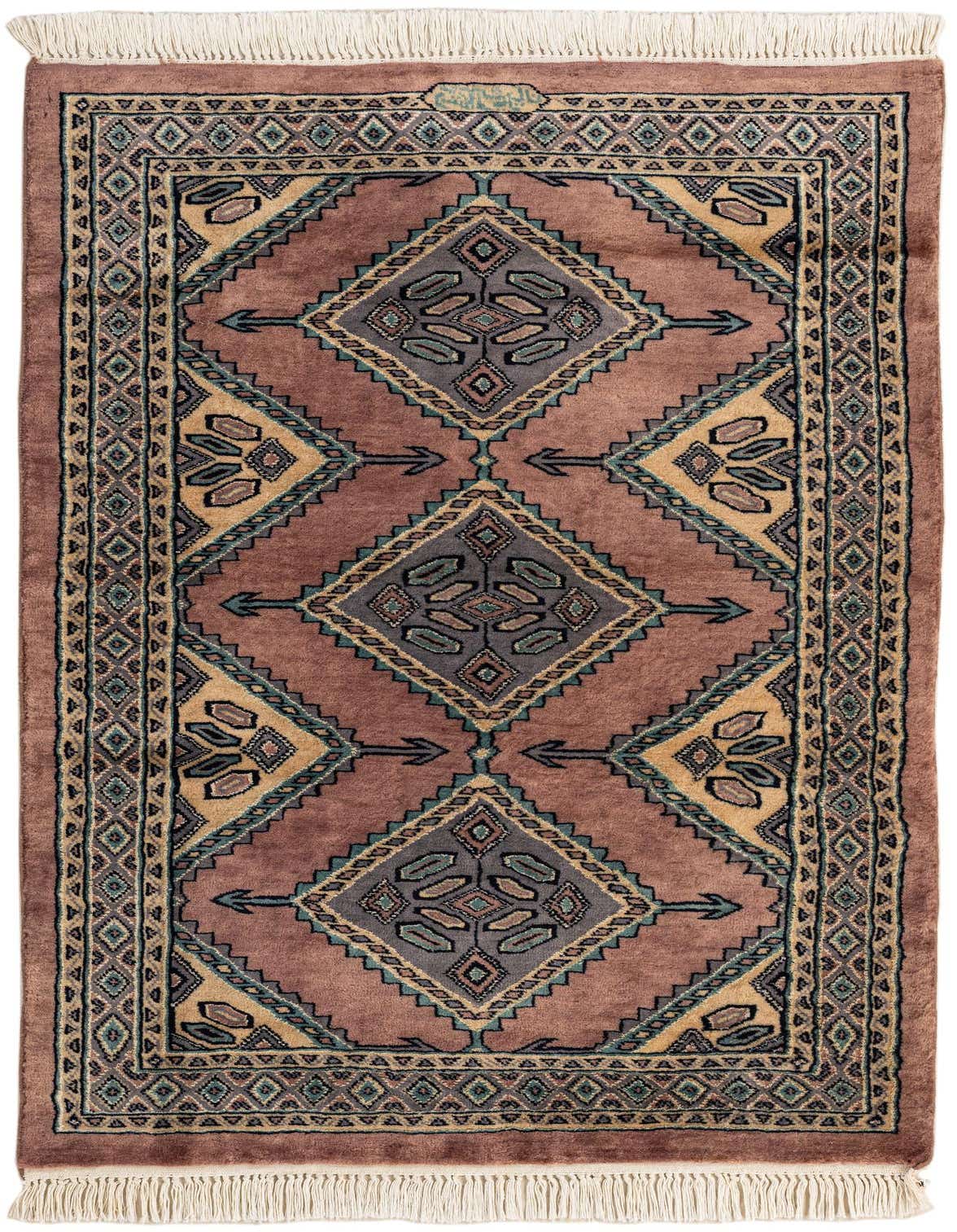 A 3x5 rectangular Bokhara rug featuring a traditional tribal pattern in shades of purple, grey, and beige, with a flat pile and white fringe.