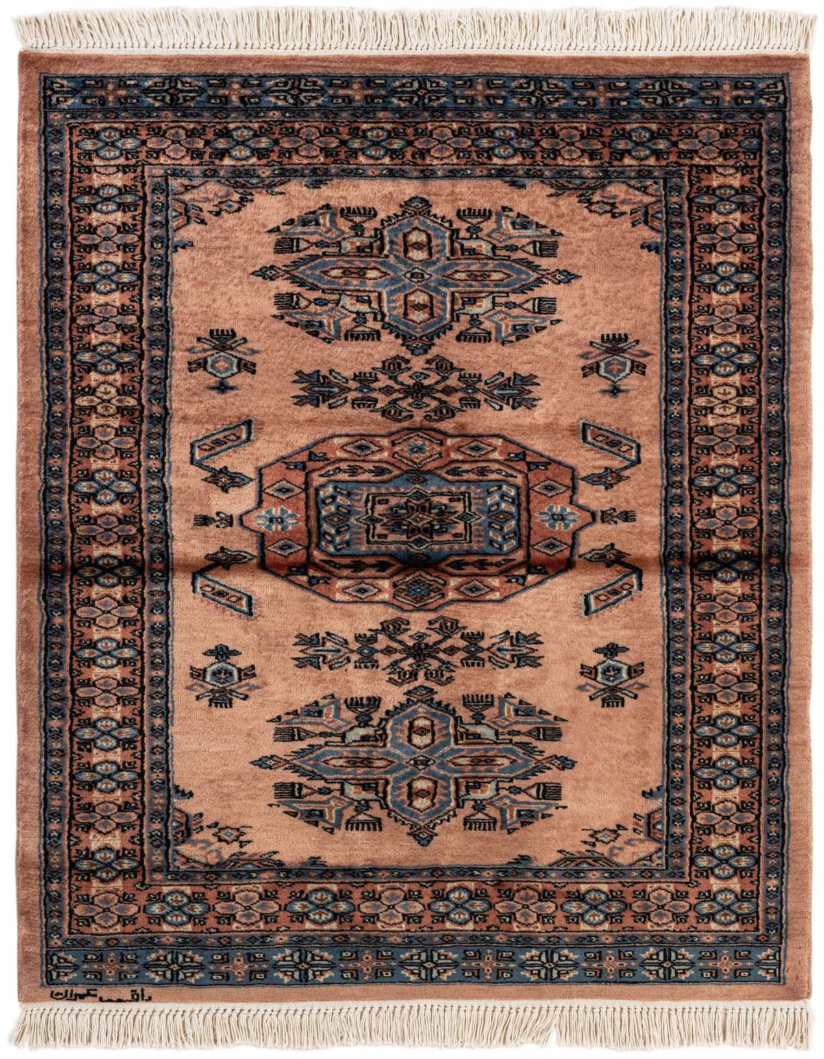 A 3x5 rectangular Bokhara rug in shades of purple and blue with intricate tribal and traditional patterns, featuring a central medallion and decorative borders, and white fringe.
