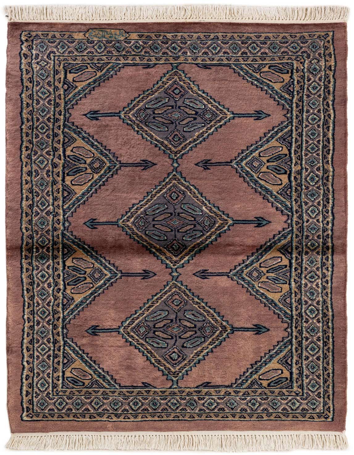 A 3x5 rectangular Bokhara rug with a purple field, featuring tribal and oriental diamond patterns in blue, gold, and brown, with white fringe.