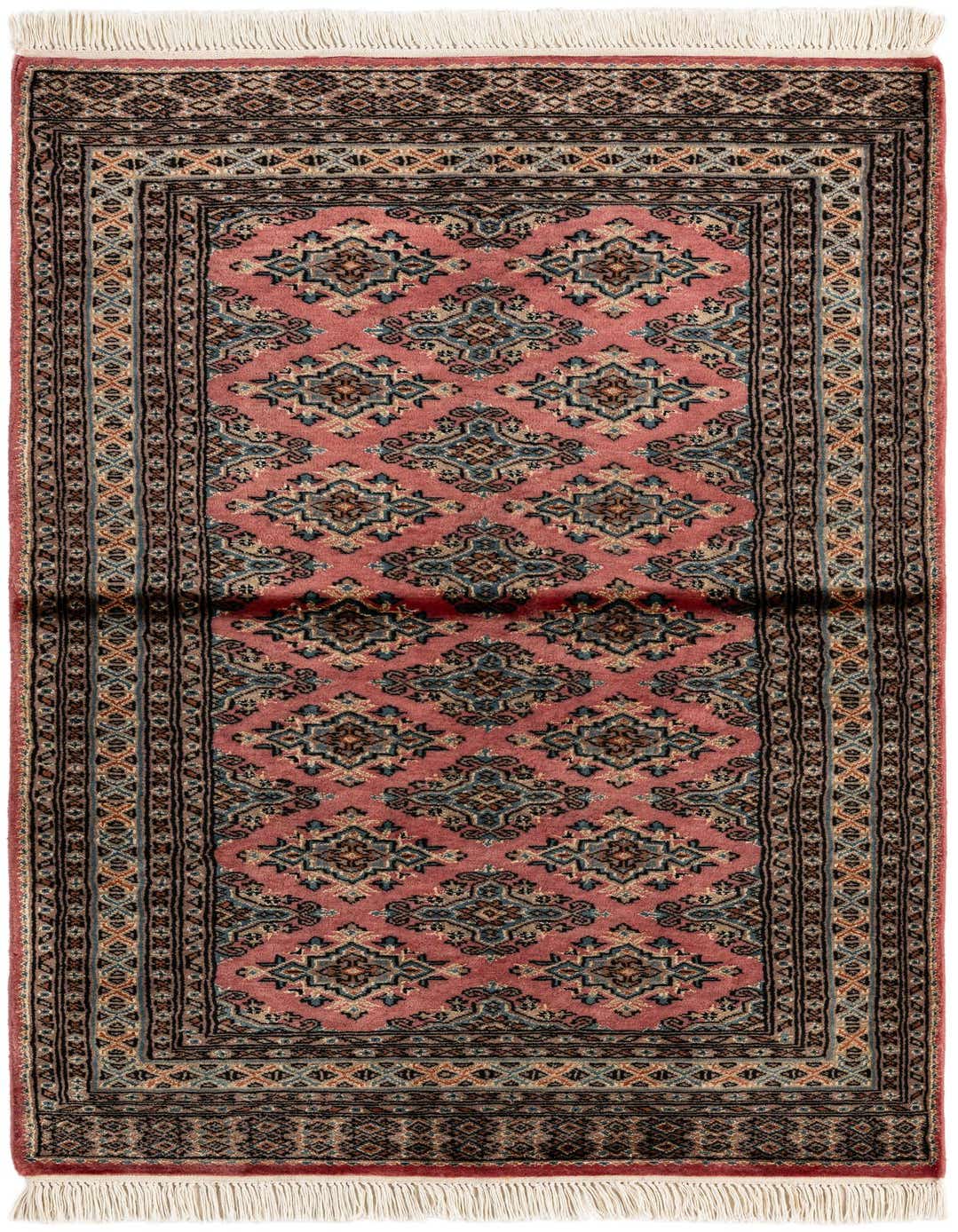 A 3x5 rectangular Bokhara rug in shades of purple, blue, and beige with a traditional tribal pattern and white fringe.
