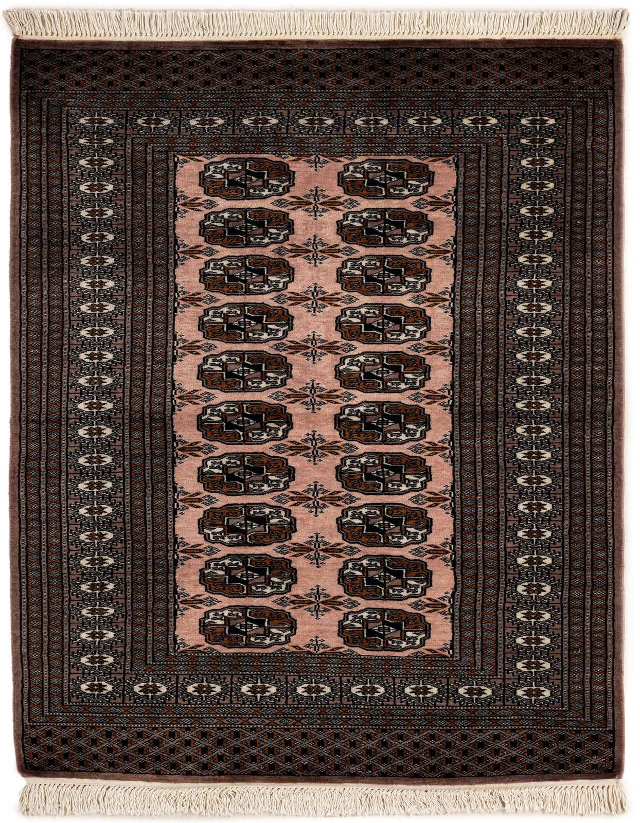 A 3x5 rectangular Bokhara rug in shades of purple with a traditional tribal pattern and fringe.