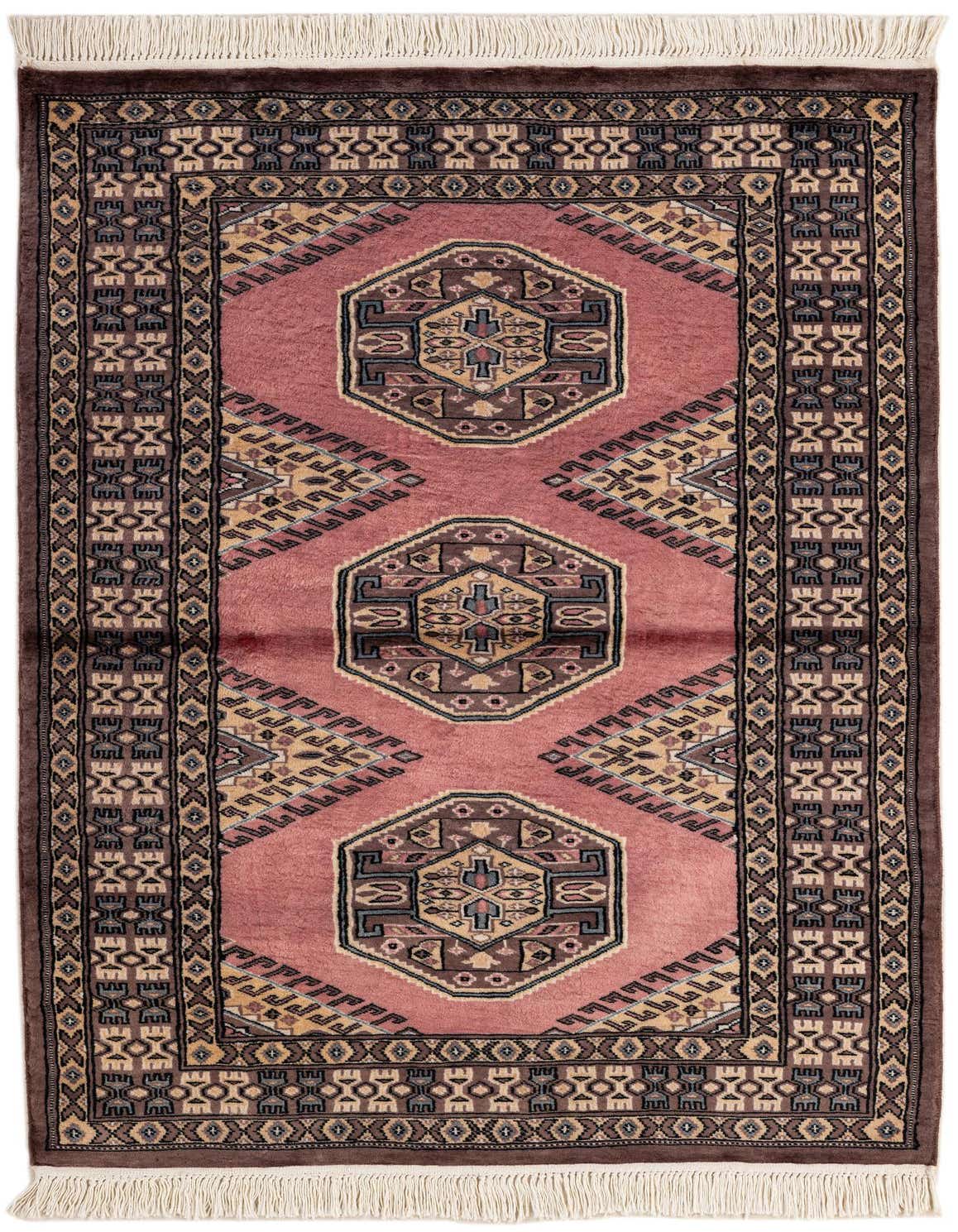 A 3x5 rectangular Bokhara rug featuring a traditional tribal pattern in shades of purple, brown, and cream, with fringe.