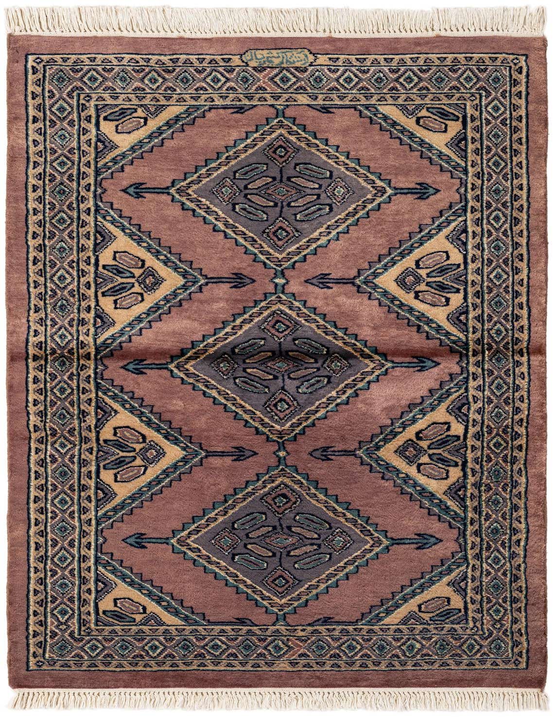 A 3x5 rectangular purple Bokhara rug with a traditional tribal pattern featuring large central diamonds and detailed borders.