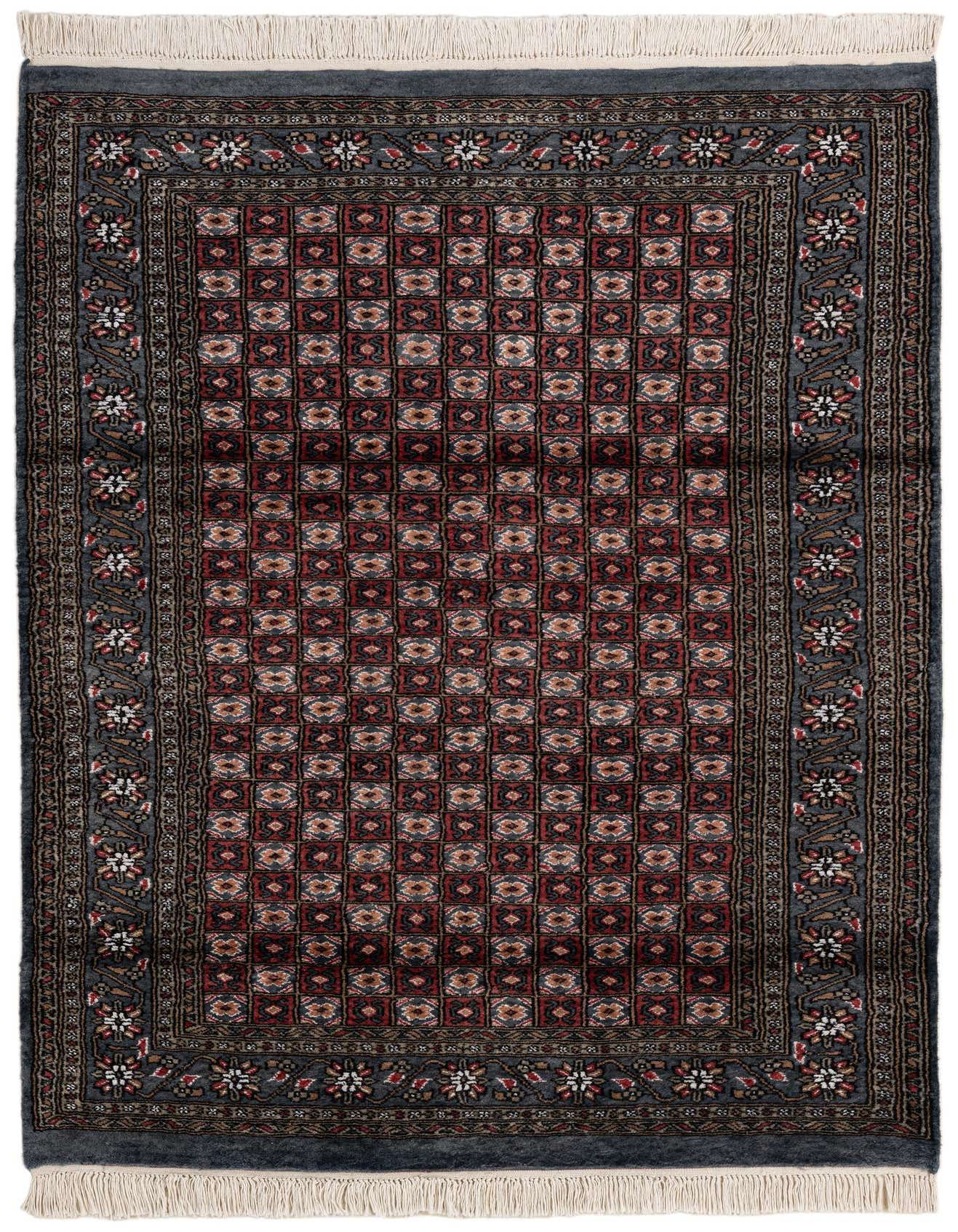 A 4x6 rectangular Bokhara rug with a deep purple field, intricate red and tan tribal patterns, and a decorative border, featuring white fringe.