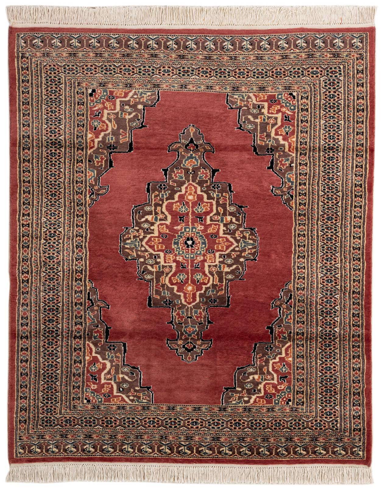 A 4x6 rectangular Bokhara rug in shades of purple, featuring a central medallion and intricate tribal patterns, with fringe.