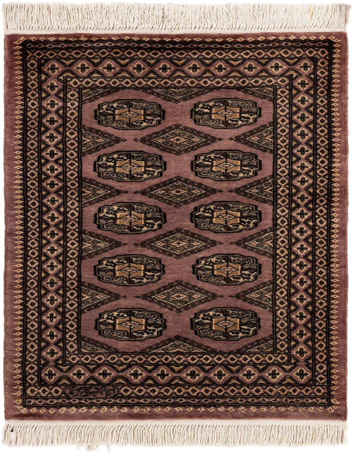 A 2x3 rectangular Bokhara rug in shades of purple, featuring traditional tribal patterns and cream fringe.