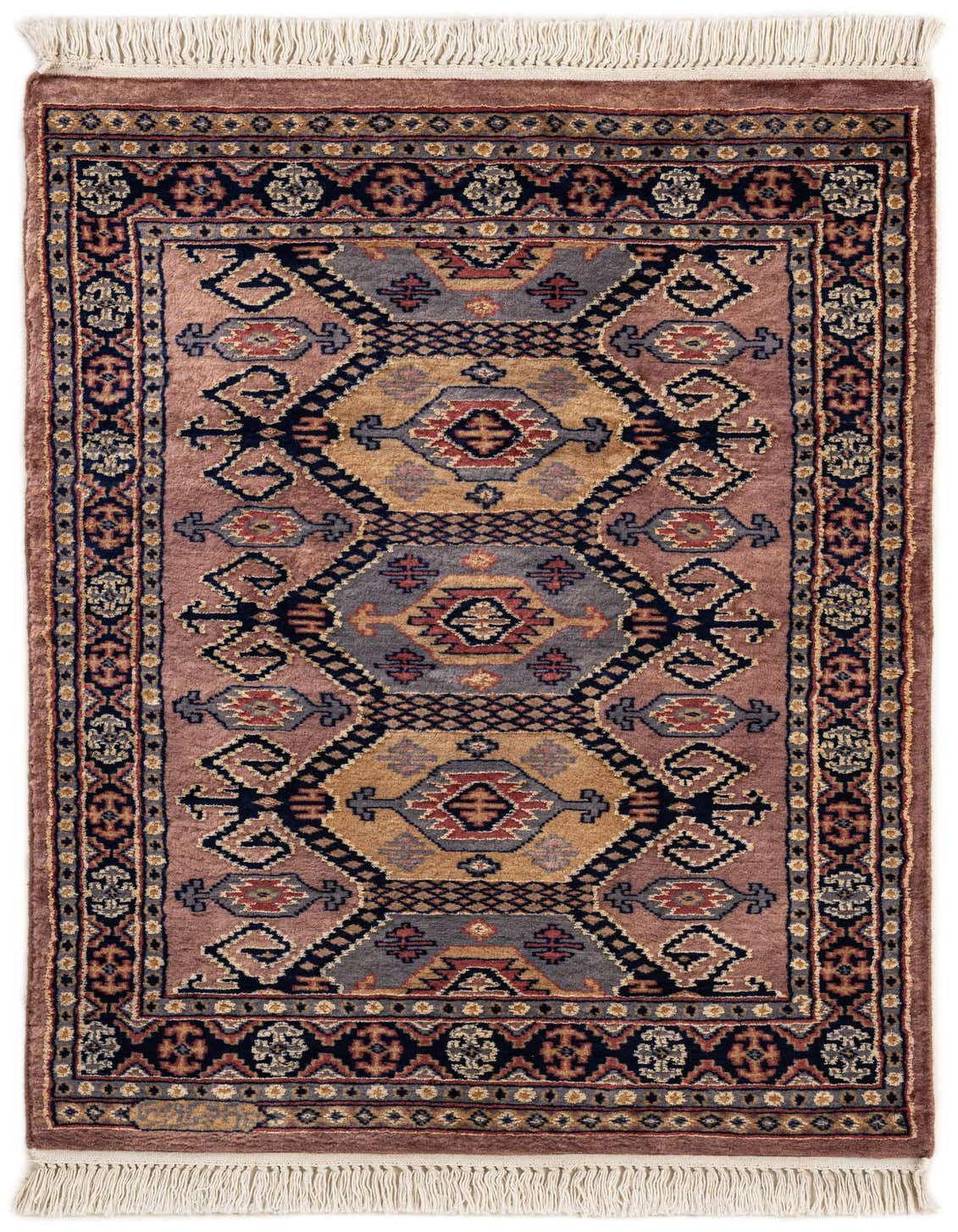 A 3x4 rectangular Bokhara rug with a purple field, featuring traditional tribal patterns in gold, navy, and red, finished with white fringe.