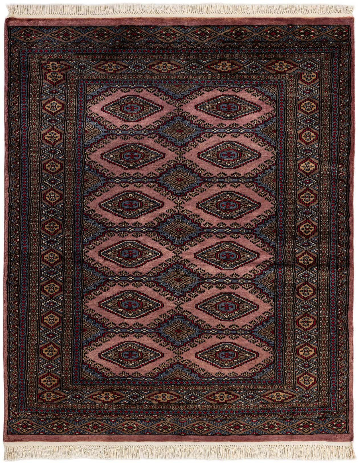 A 4x6 rectangular Bokhara rug with a flat pile, featuring a traditional tribal pattern in shades of purple, blue, and brown.