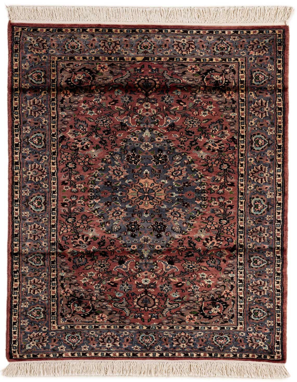 A 3x5 rectangular Bokhara rug featuring a traditional medallion pattern in shades of purple, red, and cream, with white fringe.