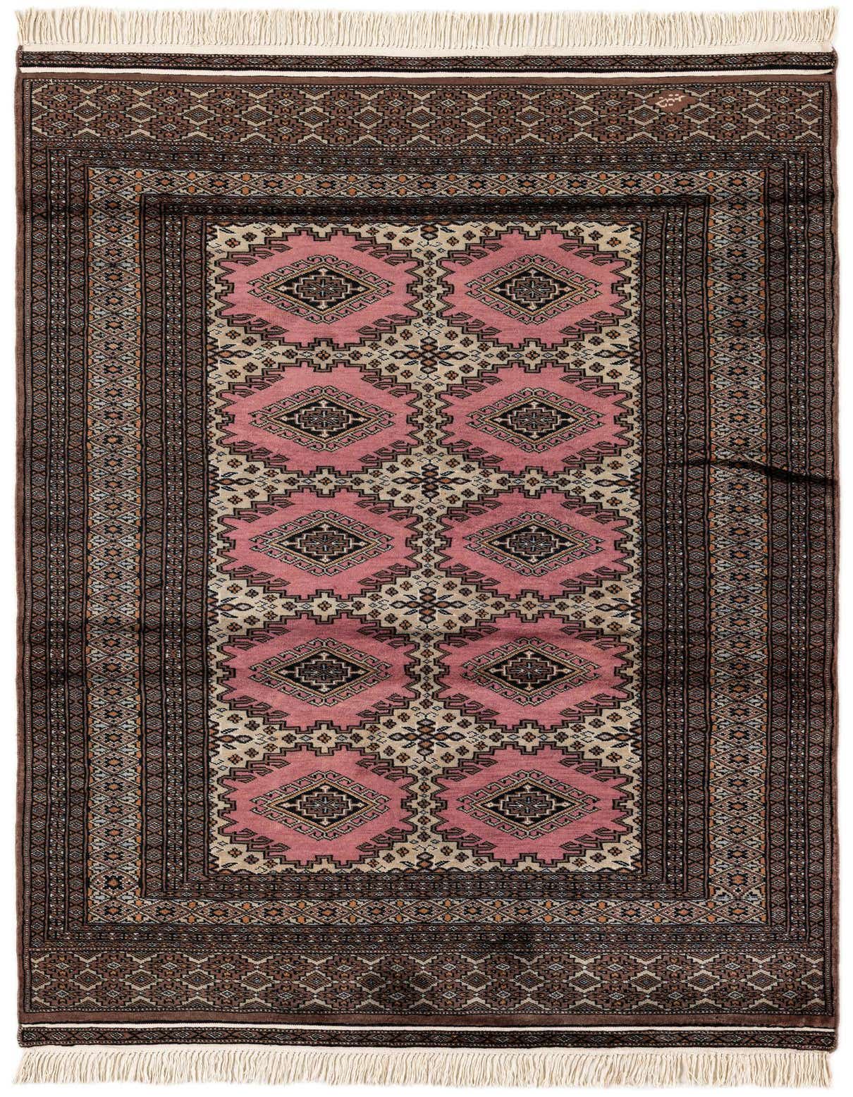A 4x6 rectangular Bokhara rug featuring a traditional tribal pattern in shades of purple, brown, and cream with fringe.