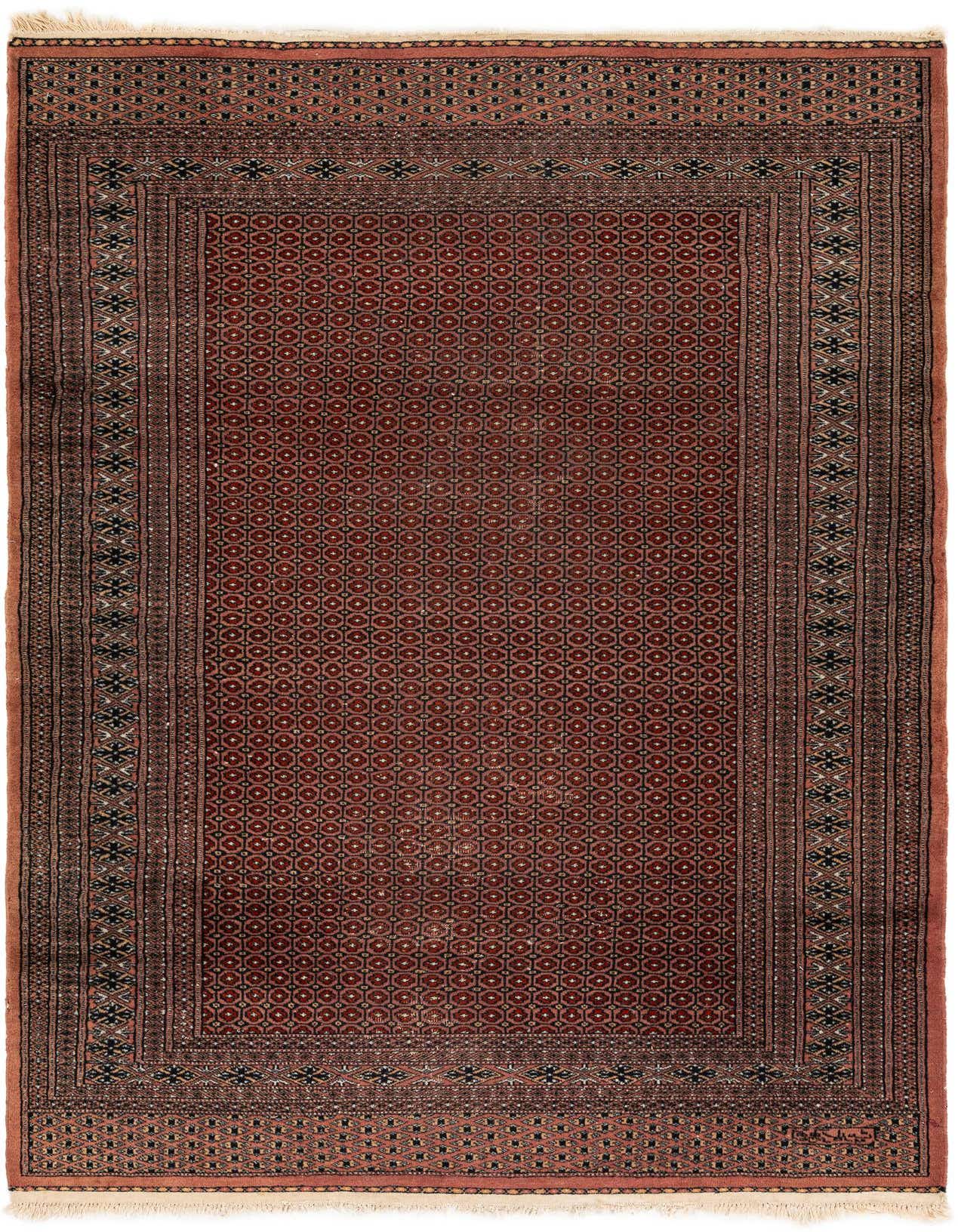 A 4x6 rectangular Bokhara rug with a deep purple field and intricate tribal patterns in black and beige, featuring a detailed border.