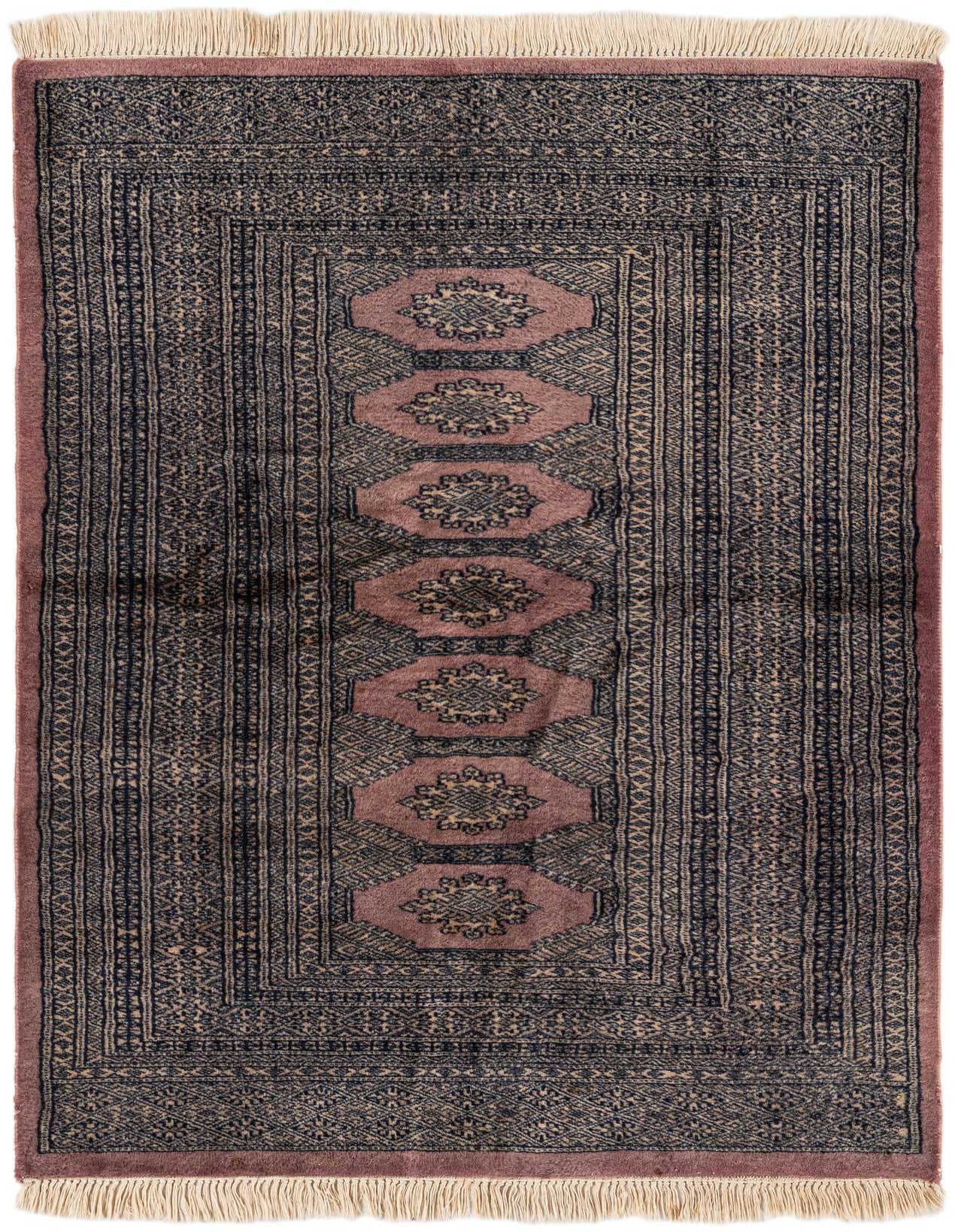 A 3x4 rectangular Bokhara wool rug featuring a traditional tribal pattern in shades of purple with a central medallion design and fringe.