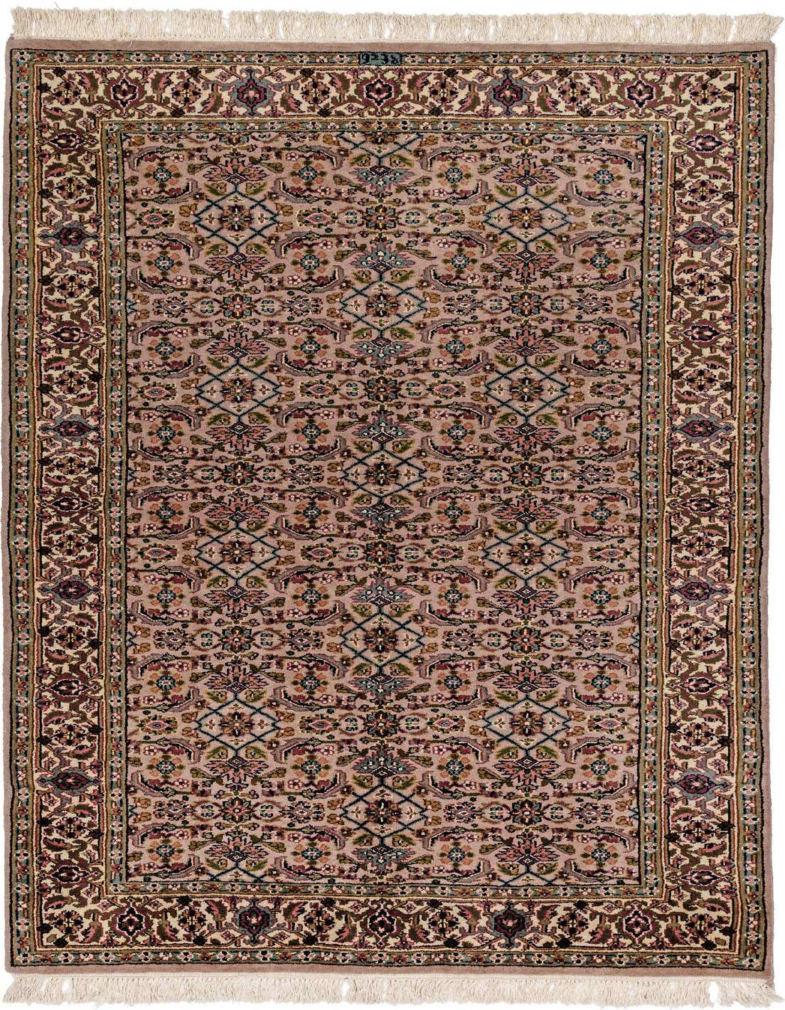 A 4x6 rectangular Farahan rug featuring a traditional Oriental floral pattern in shades of purple, green, and blue on a light purple field with a detailed border.