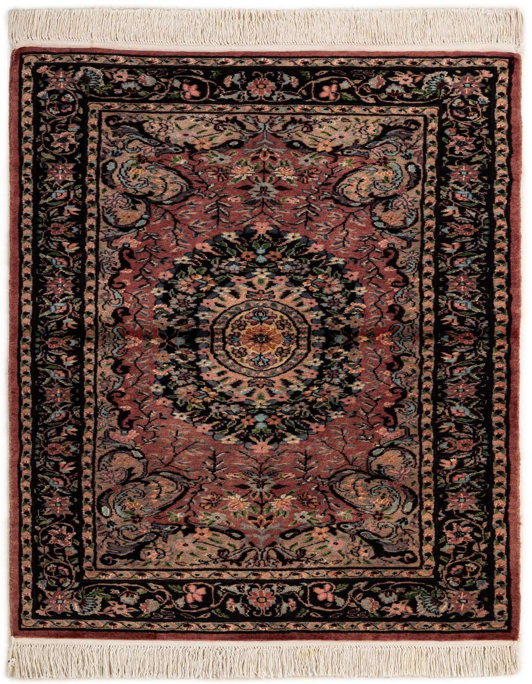 A 3x5 rectangular Kashmir rug featuring a traditional Oriental pattern in shades of purple, black, and multi-color floral motifs, with white fringe.