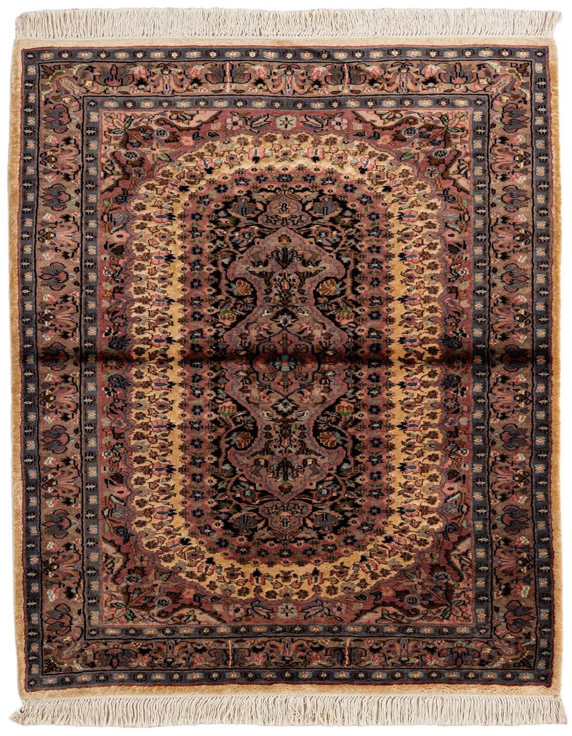 A 3x5 rectangular Kashmir wool and silk rug featuring a traditional Oriental medallion pattern in purples, gold, and blue.