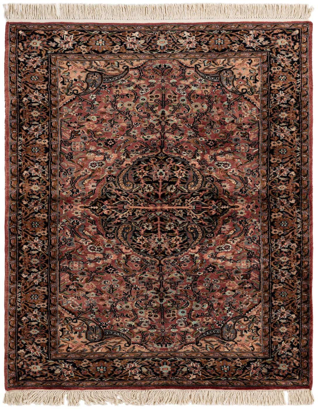 A 3x5 rectangular traditional Oriental rug in shades of purple, black, and beige, featuring an intricate medallion pattern and fringe.