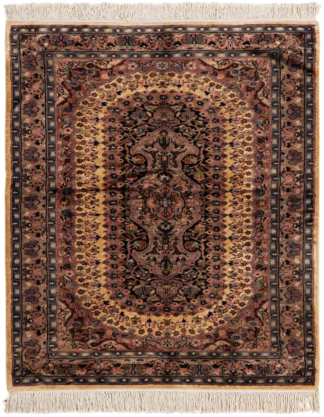 A 3x5 rectangular Lahour wool and silk rug featuring a traditional Oriental medallion pattern in purples and gold tones.