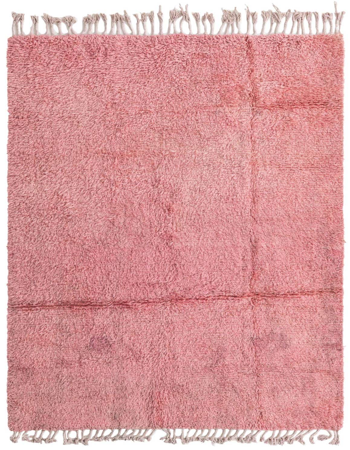 A 5x8 rectangular purple shag rug with a tribal pattern and fringe, ideal for a living room or bedroom.