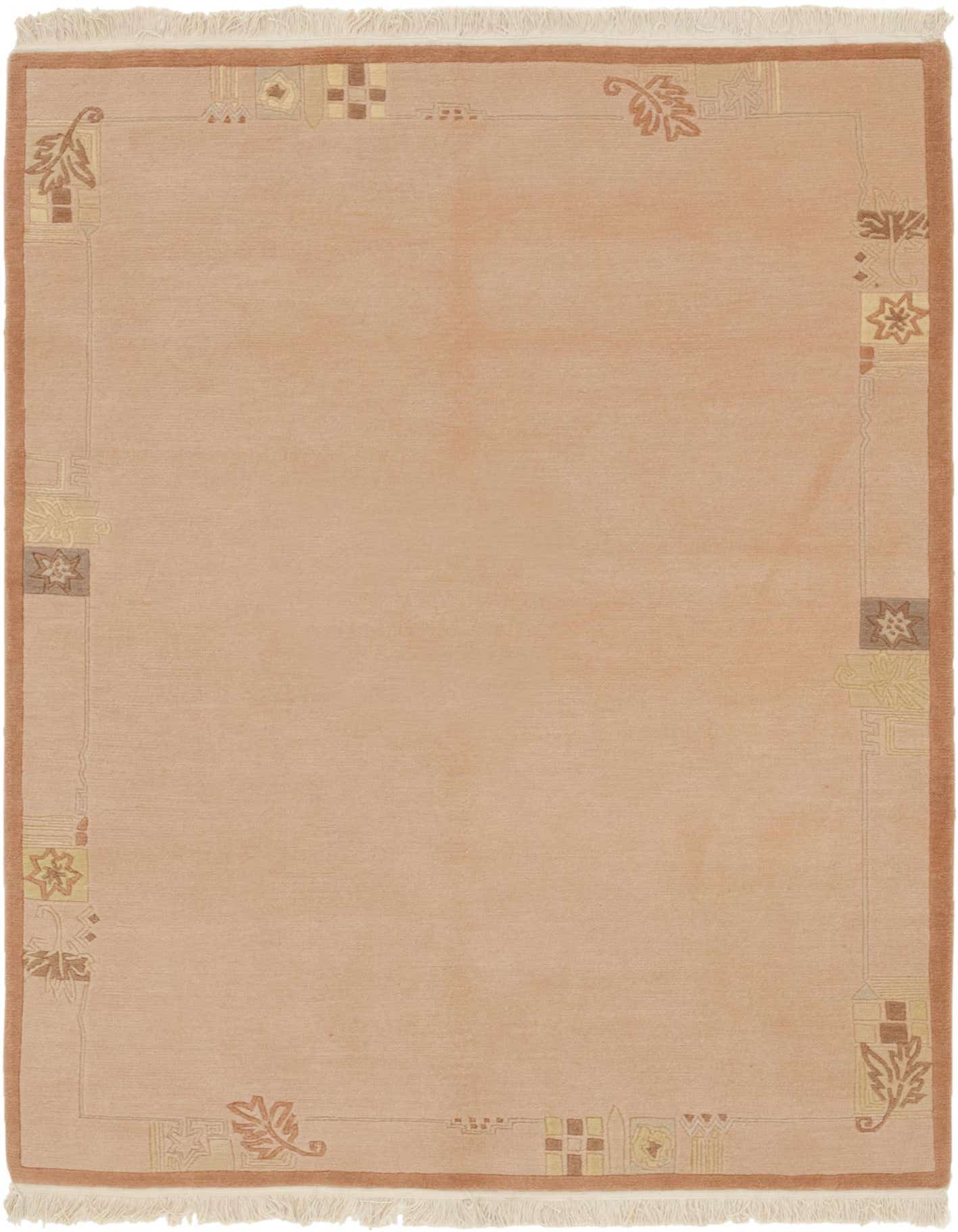 A 4x6 rectangular purple wool rug with a modern oriental border featuring abstract leaf and geometric patterns, suitable for a living room.