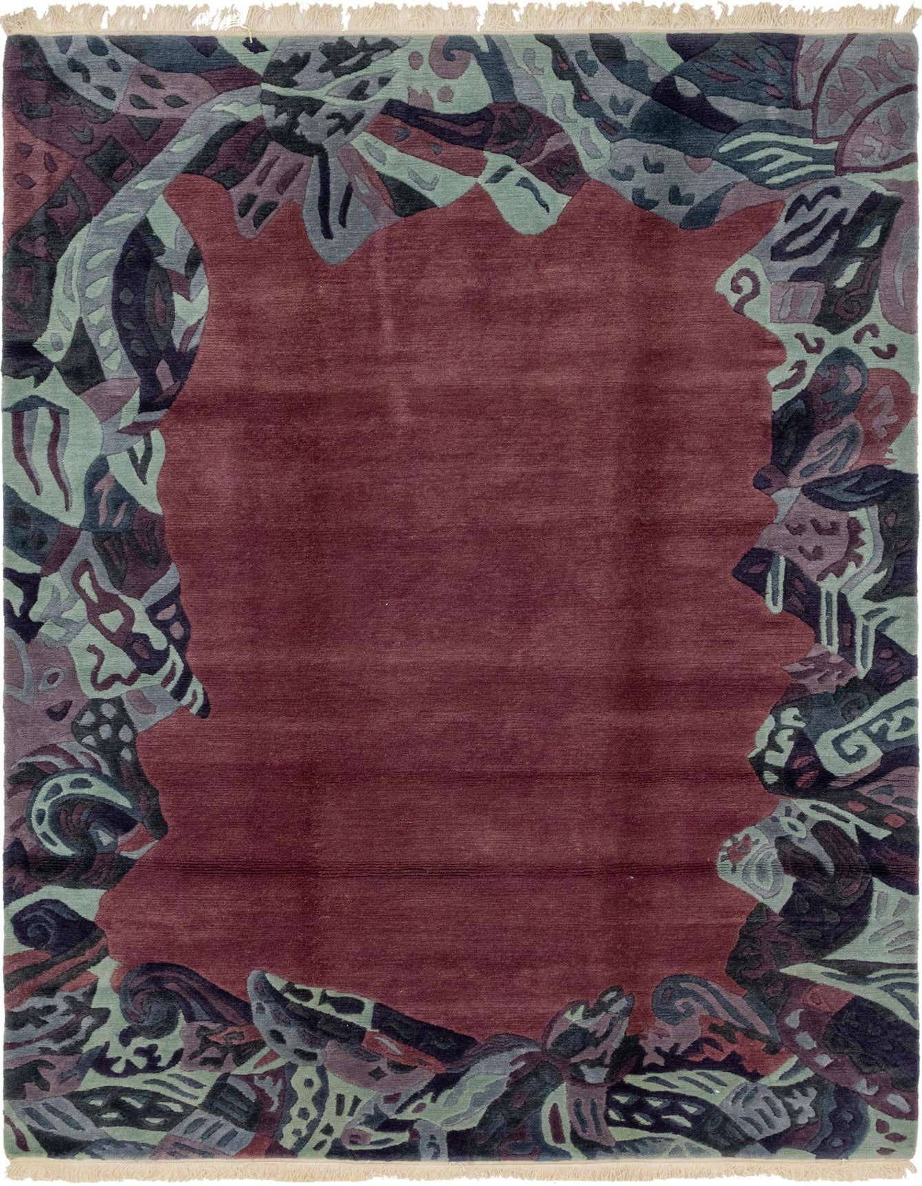 A 7x10 rectangular purple wool rug with an abstract, organic border pattern in shades of purple, blue, and green.