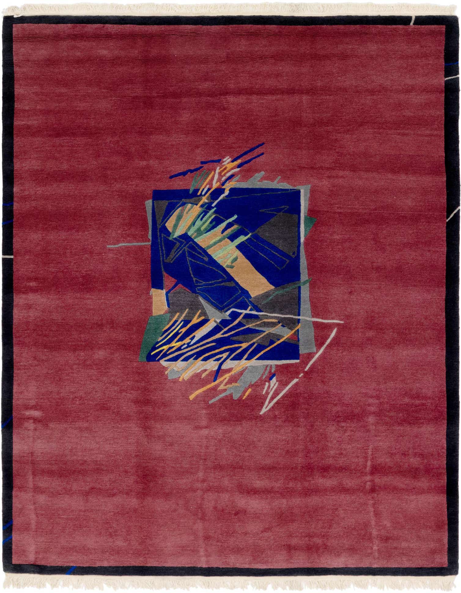 An 8x10 rectangular purple wool rug with a modern abstract design featuring blue, grey, and tan geometric shapes and colorful lines.