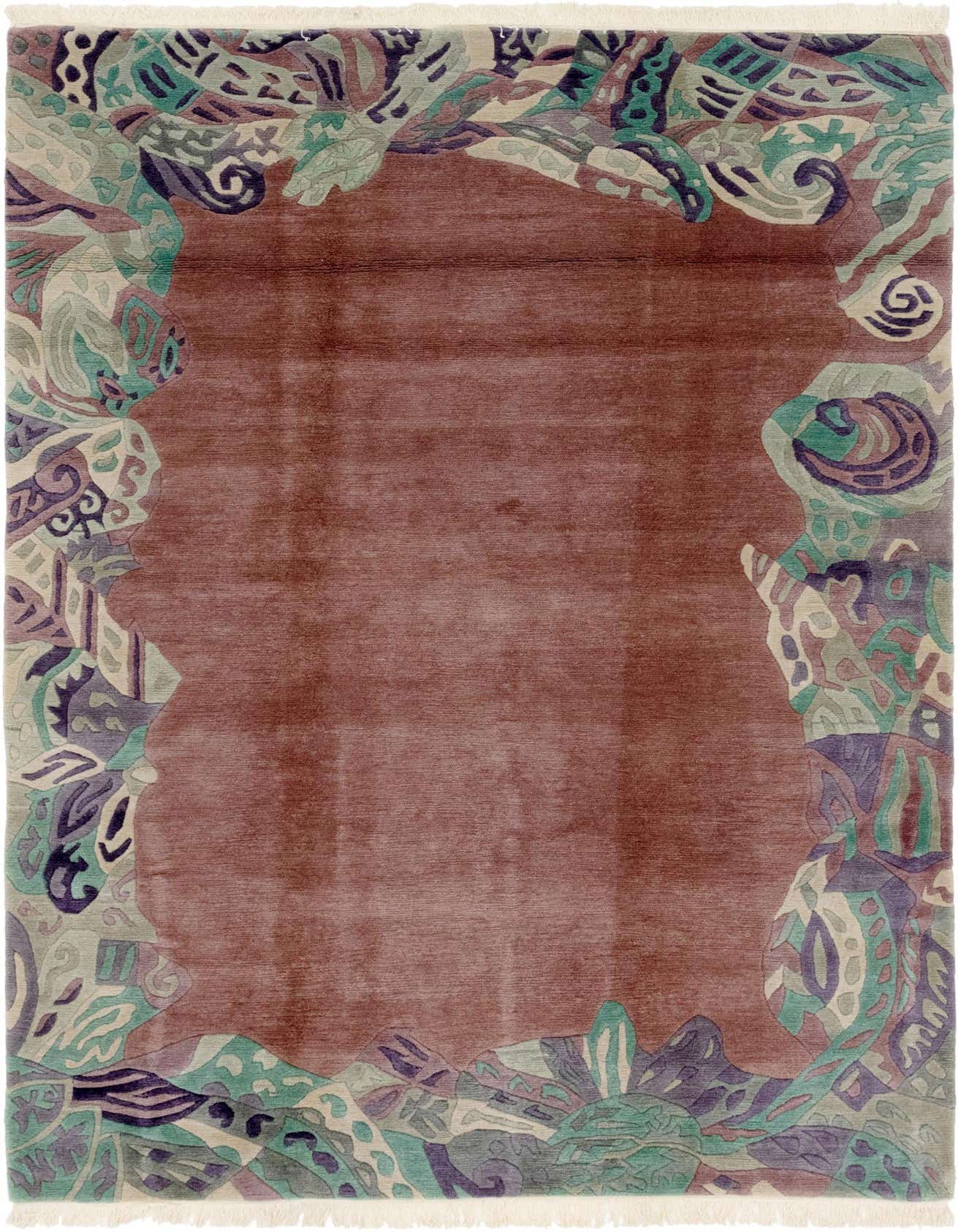 A 7x10 rectangular Nepal Collection rug featuring a solid purple center framed by an abstract border in teal, lavender, and cream.