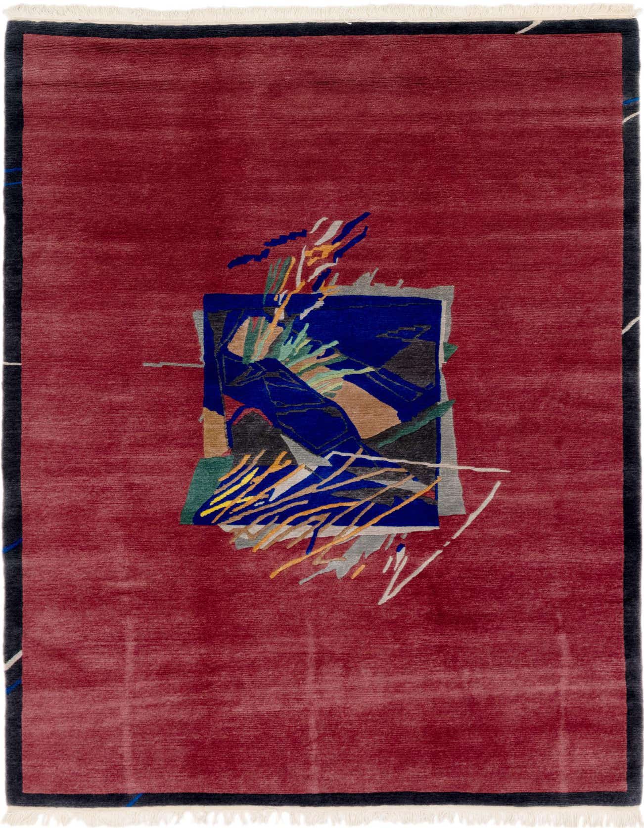 7x10 rectangular Nepal Collection wool rug in deep purple with a vibrant abstract blue and gold center design.