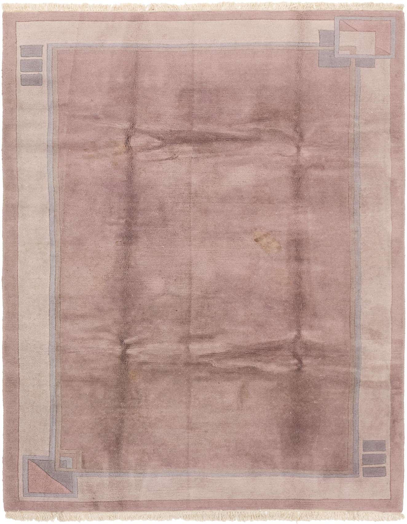 A 6x9 rectangular purple wool rug with a subtle border pattern in lighter purple and gray tones, featuring fringe.