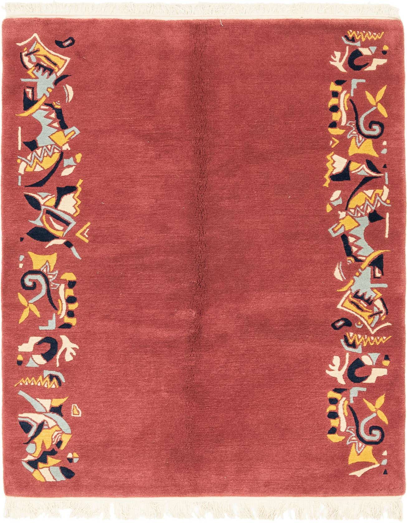 A 5x7 rectangular purple wool rug with a high pile. It features modern abstract patterns in yellow, black, and light blue along its vertical edges.