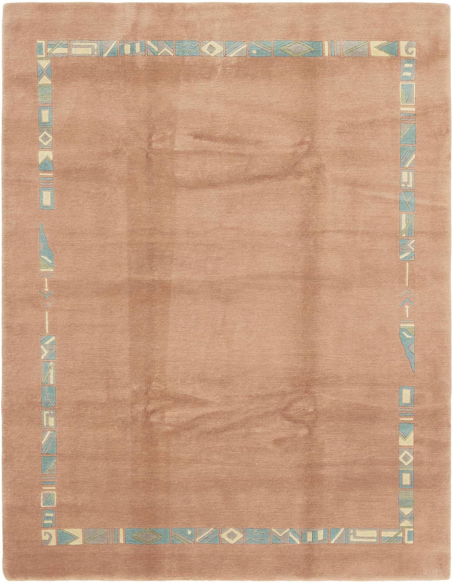 A 7x10 rectangular purple wool rug with a modern abstract border in light blue and cream, ideal for a living room.