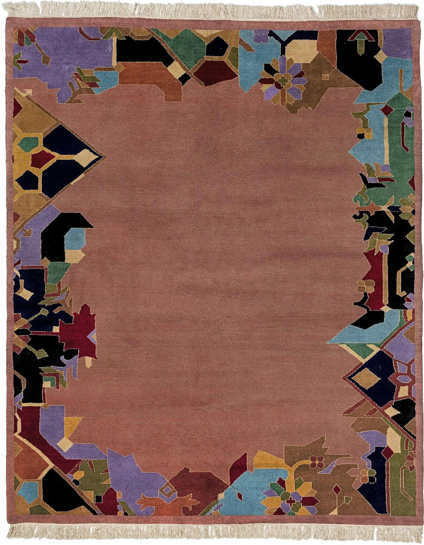 A 5x8 rectangular wool rug with a solid purple center and an abstract, multi-colored border featuring geometric shapes and floral motifs.