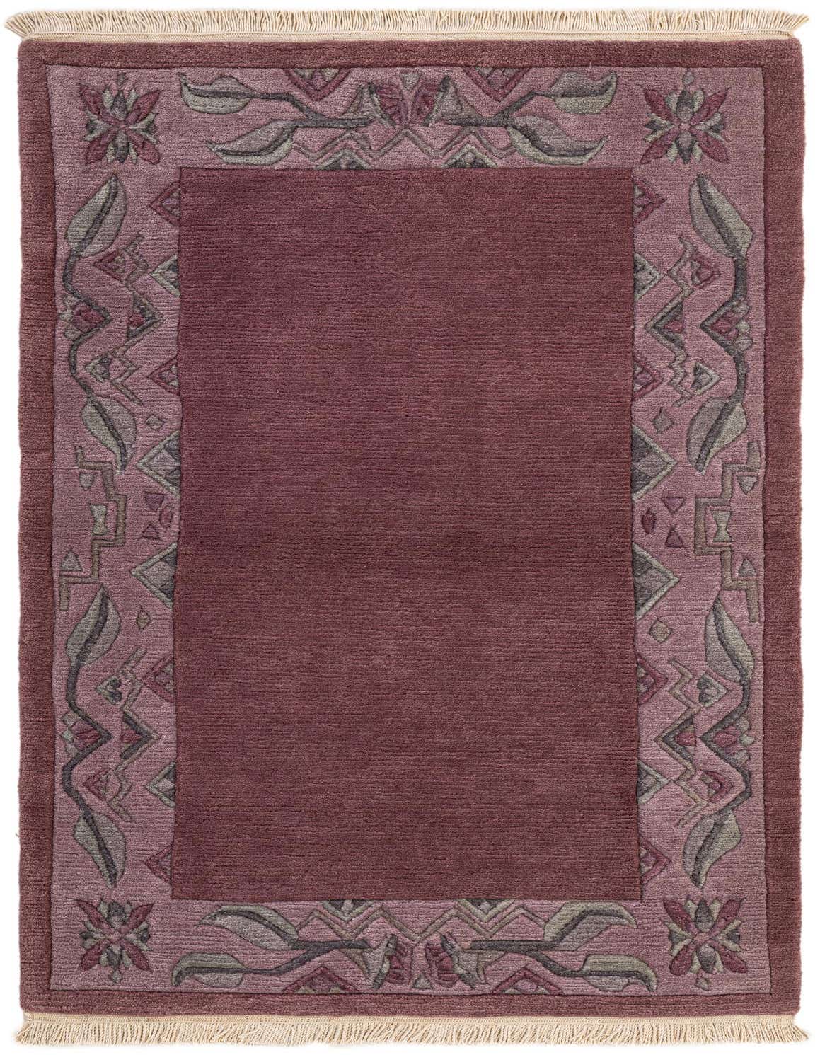 A 3x5 rectangular purple wool rug with a modern floral oriental border in lighter purple, green, and grey tones.