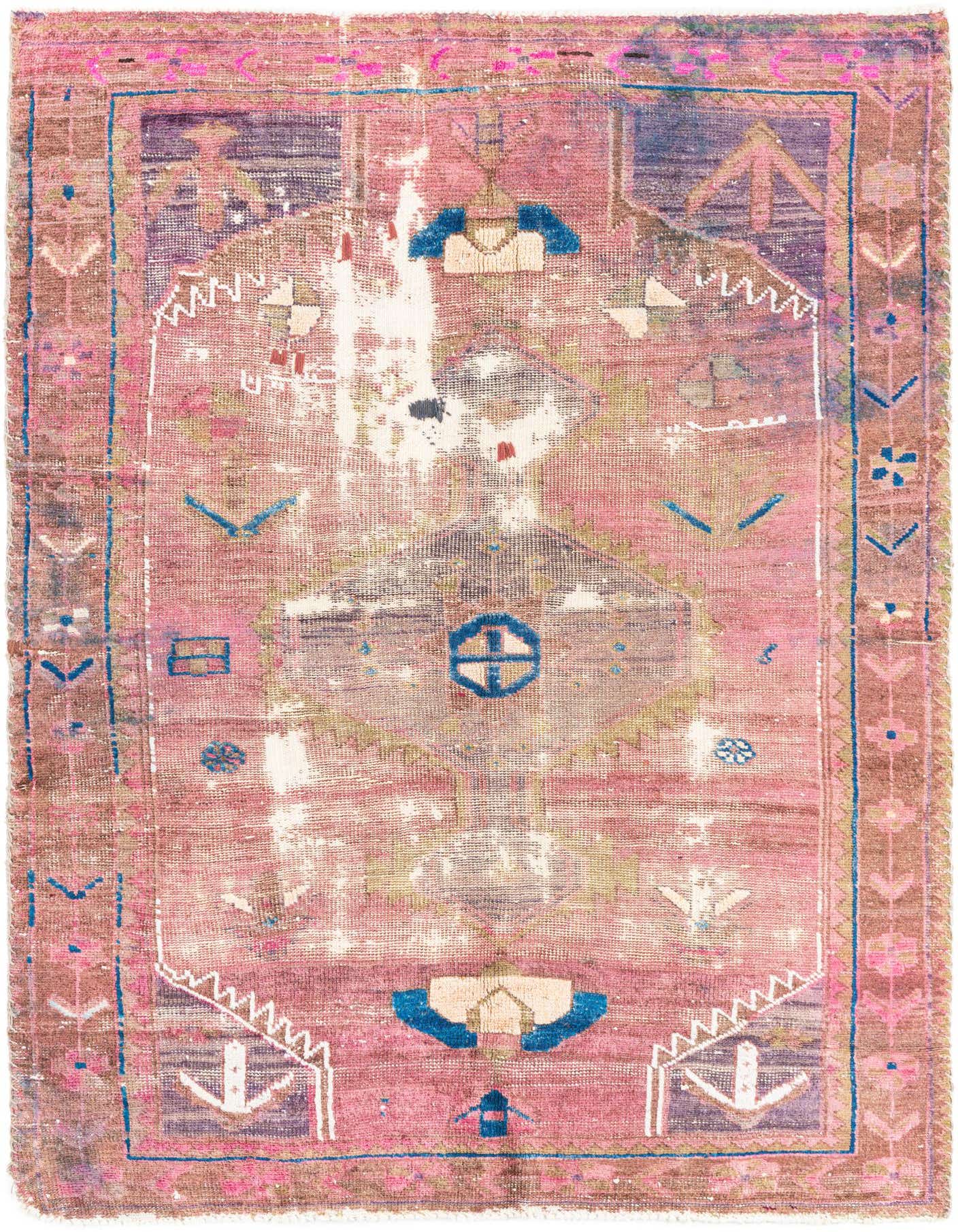 A 4x6 rectangular Ultra Vintage wool rug featuring a distressed Persian pattern in shades of purple, pink, and blue.