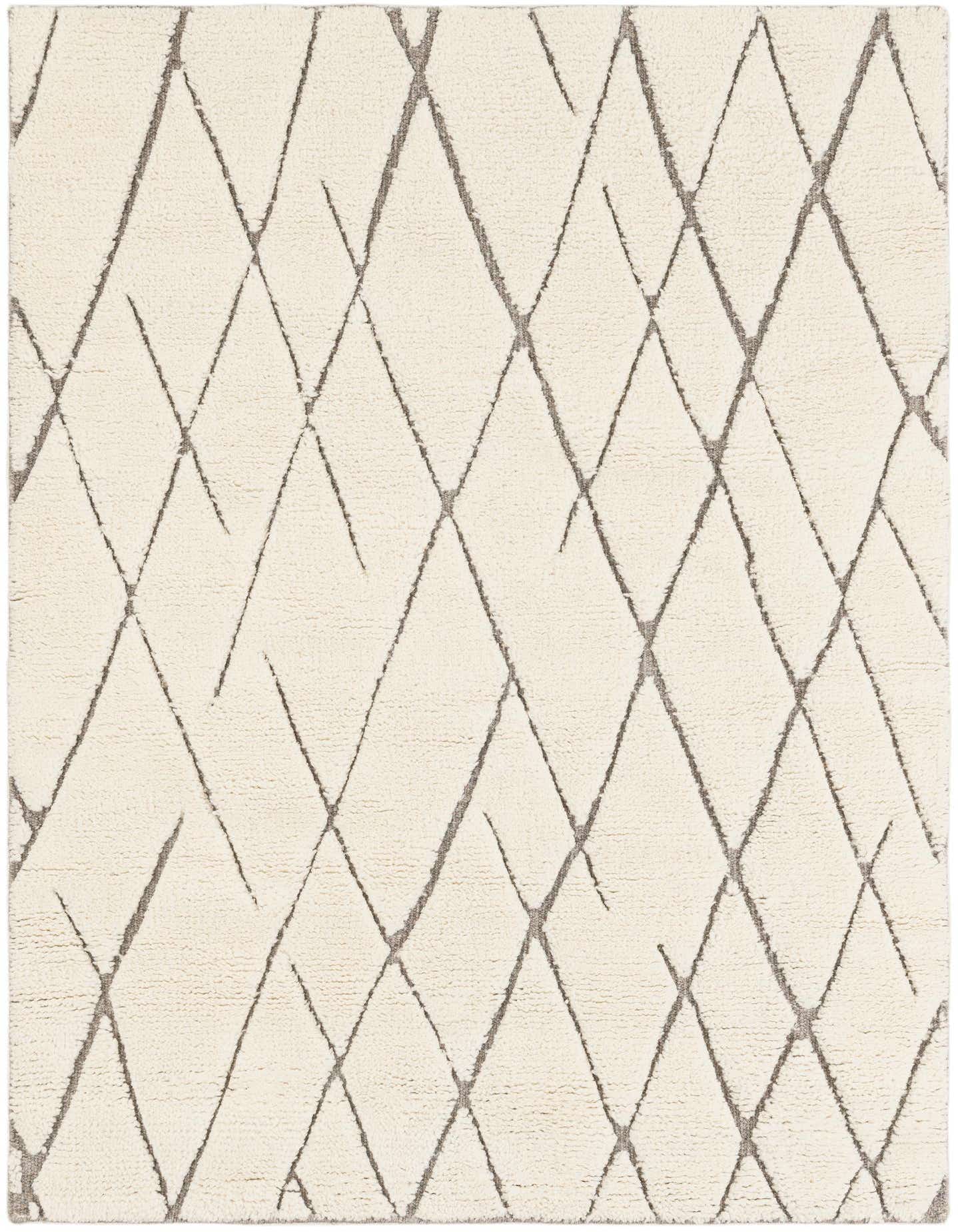 A 4x6 rectangular ivory New Zealand wool rug with a modern tribal diamond pattern in shades of gray.