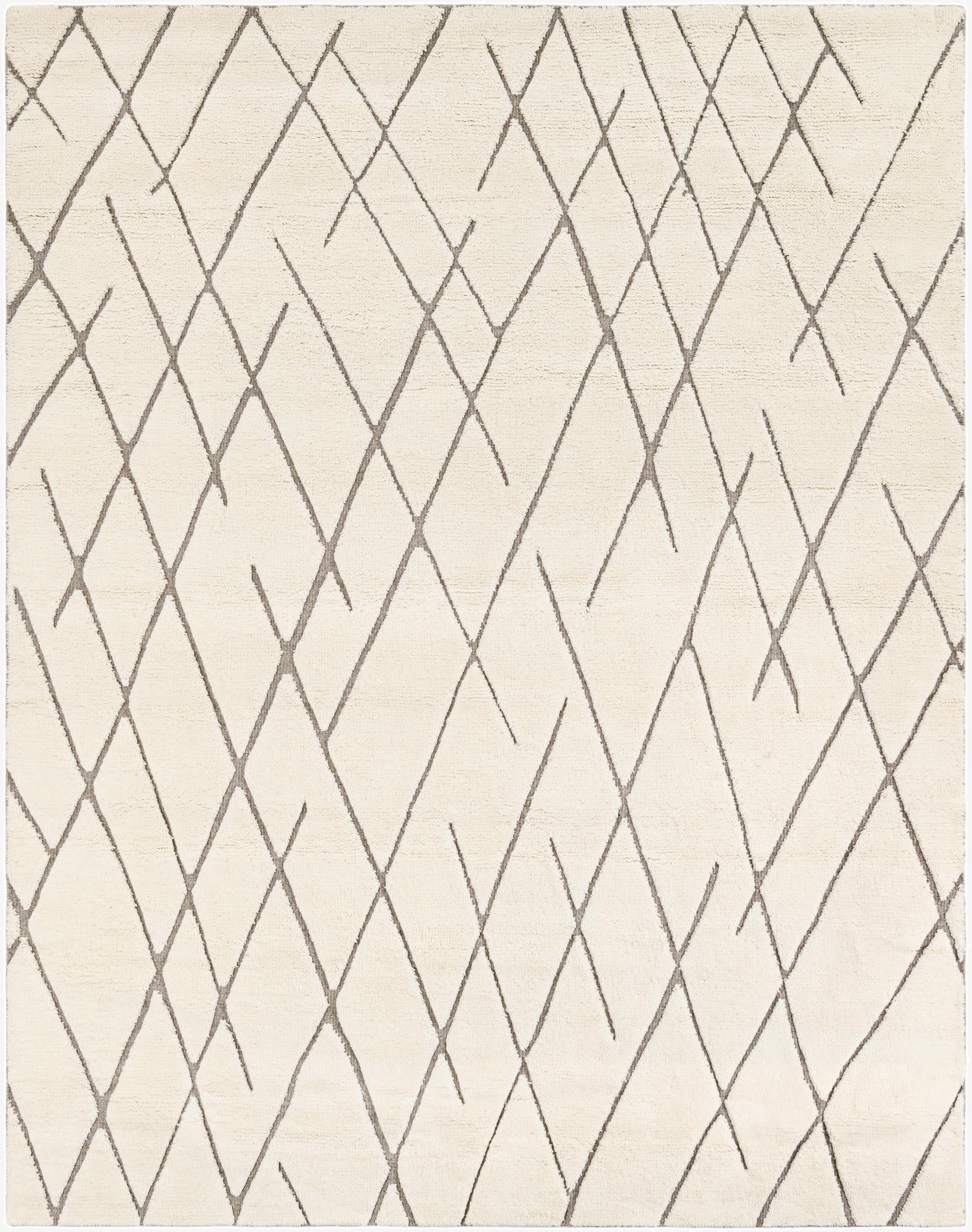 An 8x10 rectangular ivory and cream area rug with a modern tribal crisscross pattern in gray, suitable for a living room.