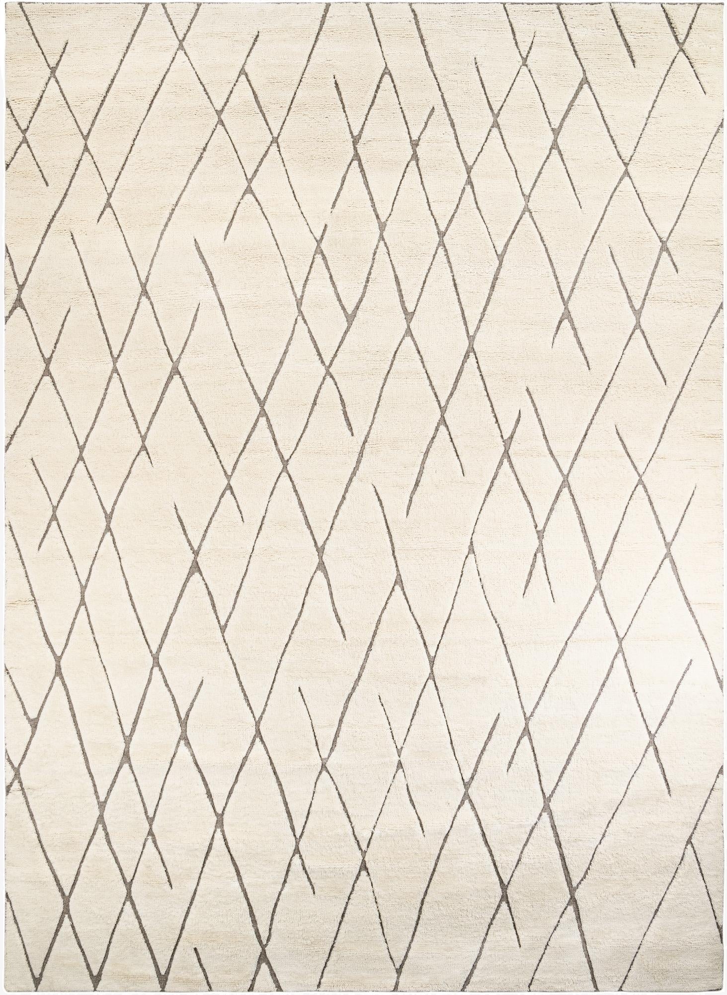 A 10x14 rectangular ivory wool area rug with a modern tribal diamond pattern in dark gray, suitable for an indoor living space.