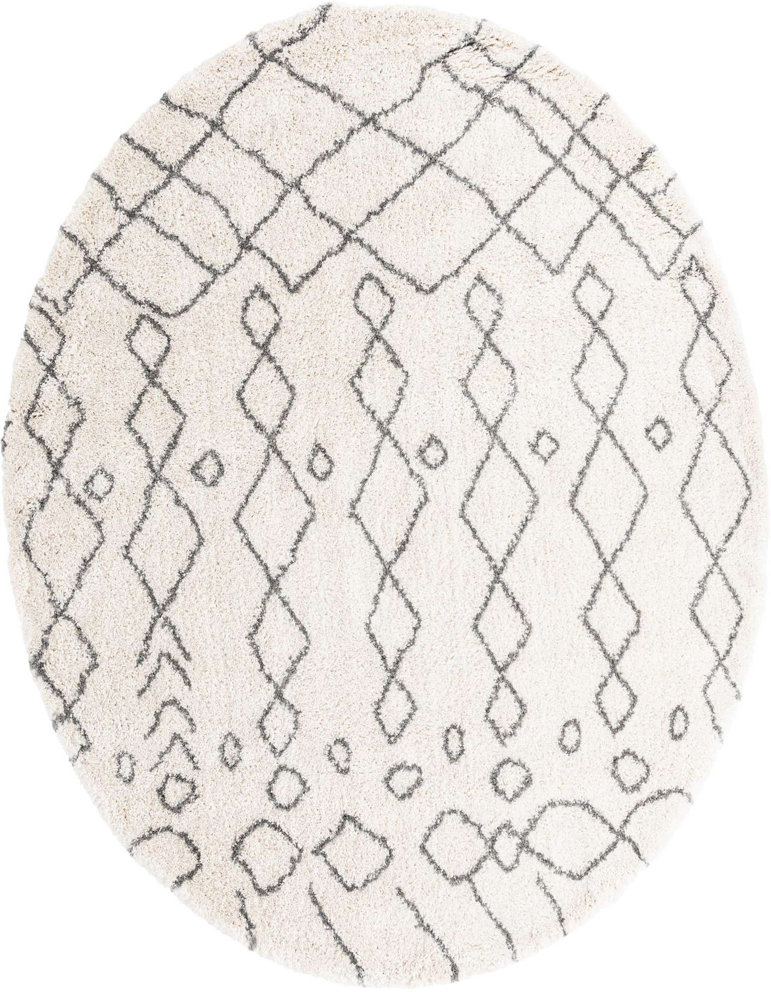 A round ivory shag rug with a modern tribal trellis pattern in dark gray, offering a soft texture.