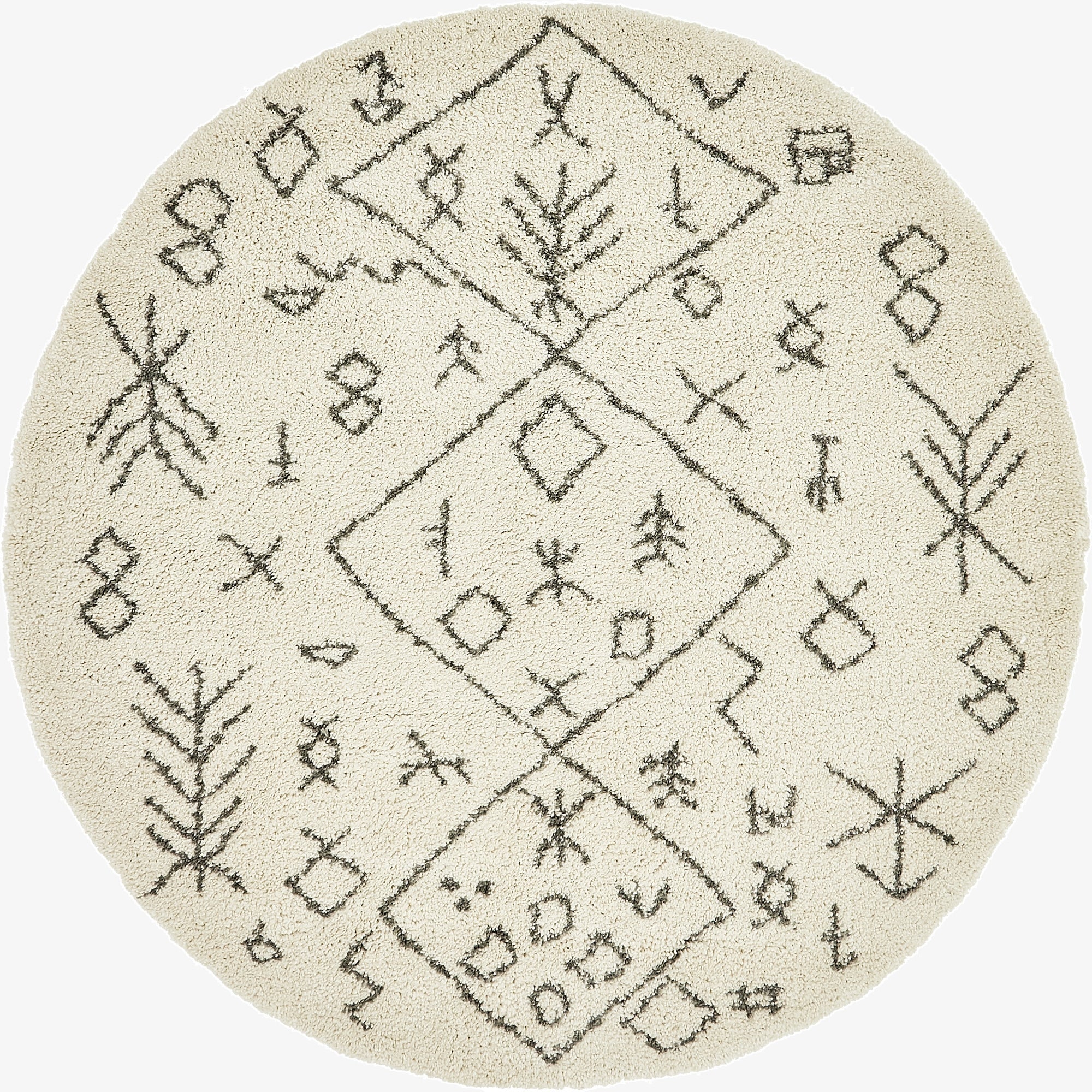 A round ivory shag rug with a modern tribal pattern in dark gray, featuring diamonds and abstract symbols.