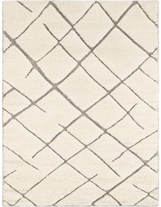 An 8 ft runner rug from the Atlas Moroccan Wool collection, featuring an ivory background with a gray tribal diamond pattern.
