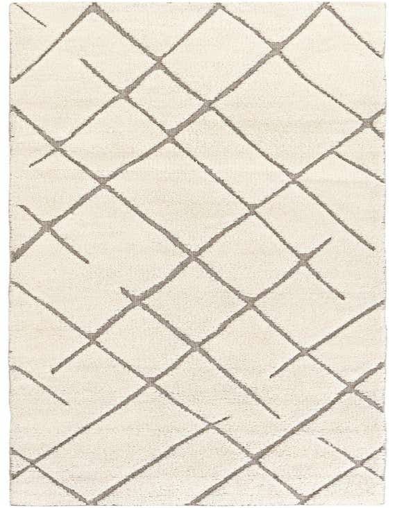 A 10 ft runner rug in ivory with a modern tribal gray diamond pattern, made from New Zealand wool.