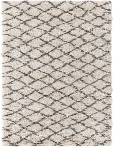 A 12 ft ivory runner rug with a gray diamond trellis pattern, featuring a soft shag pile, ideal for a hallway.