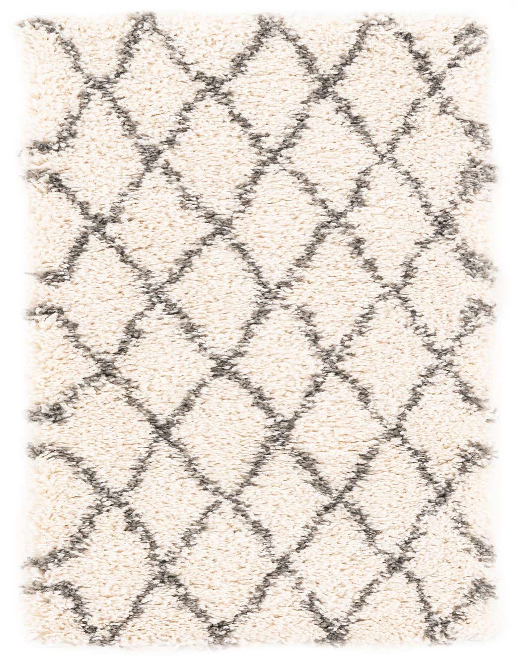 A 4 ft ivory runner rug with a gray diamond trellis pattern, featuring a soft shag pile.