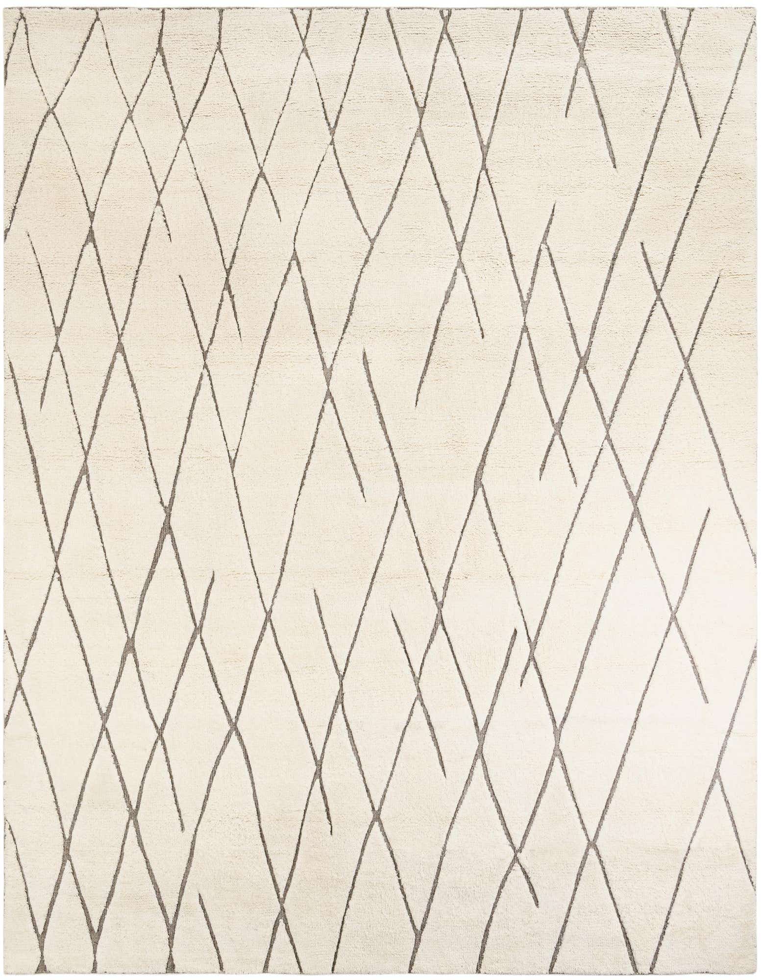 A square ivory and cream area rug with a modern tribal abstract pattern of intersecting charcoal lines, suitable for a living room.