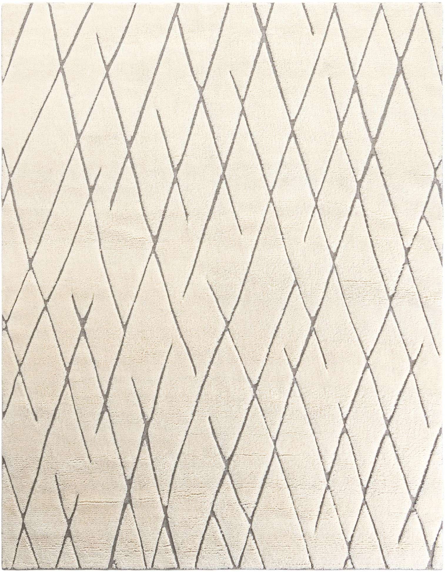 A square ivory area rug featuring a contemporary abstract tribal pattern of intersecting gray lines, creating a textured diamond effect.