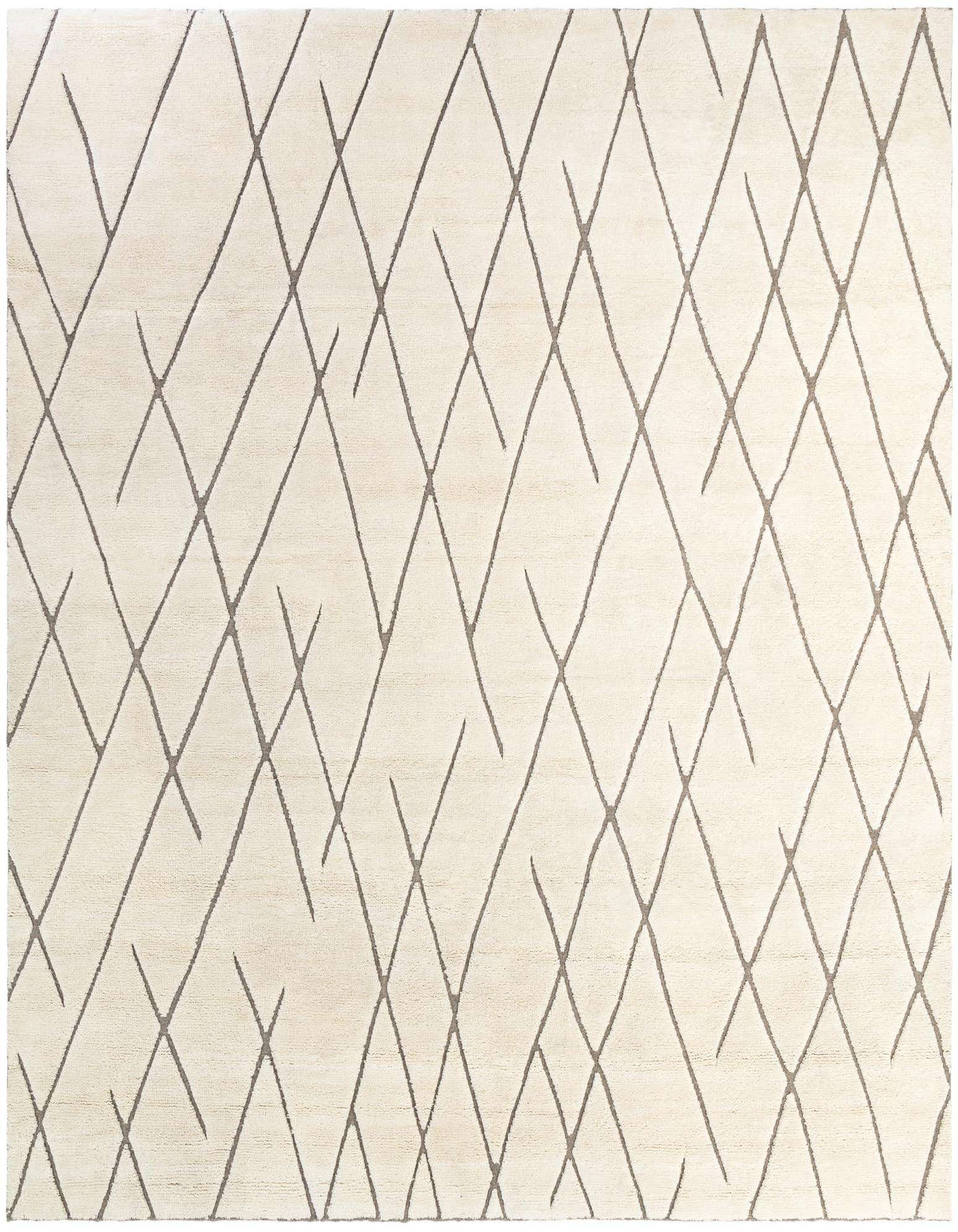 A square ivory and cream area rug with a modern tribal pattern of intersecting grey lines, suitable for an indoor living space.