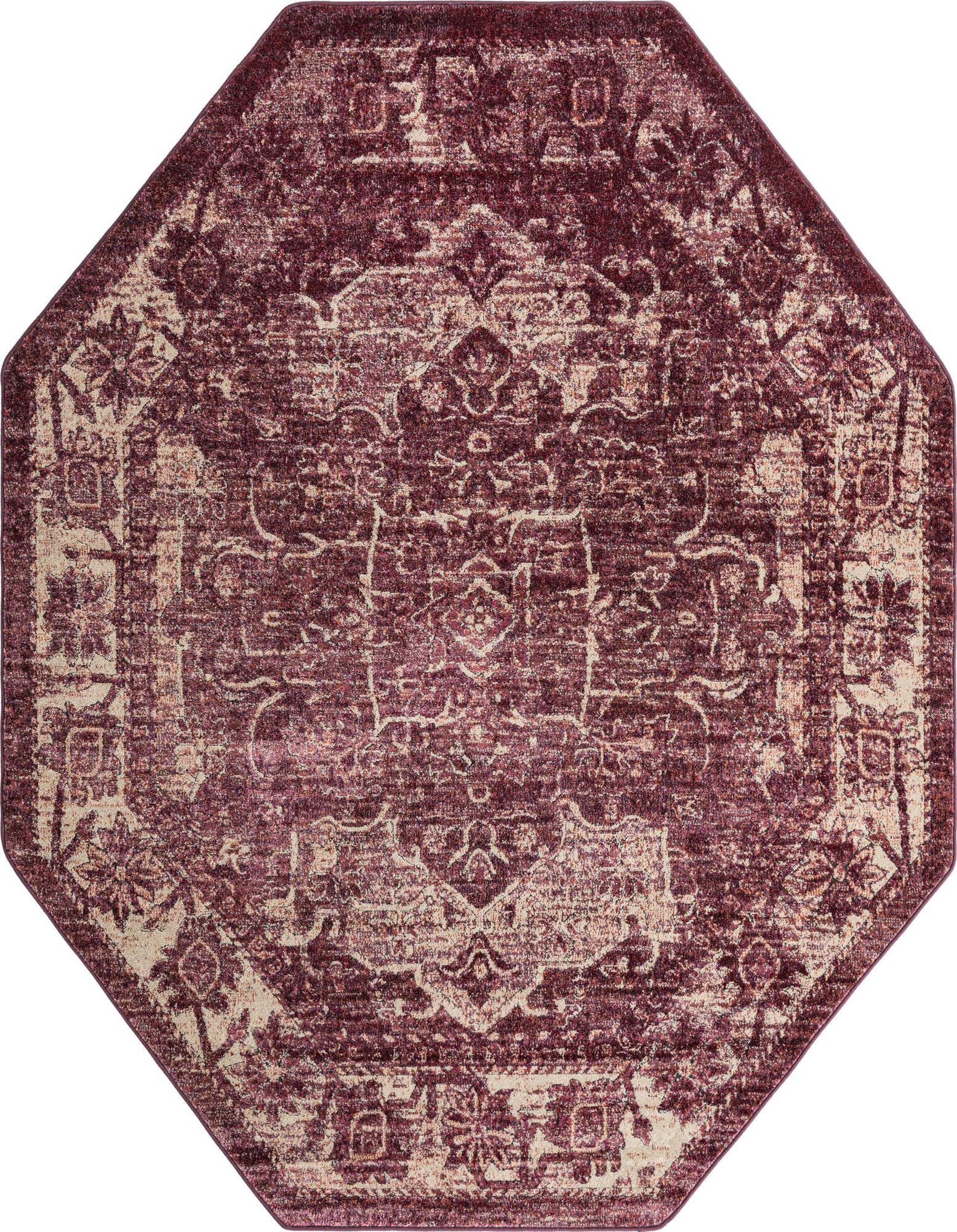 An octagon-shaped Isabella rug in shades of purple with a distressed traditional medallion pattern.