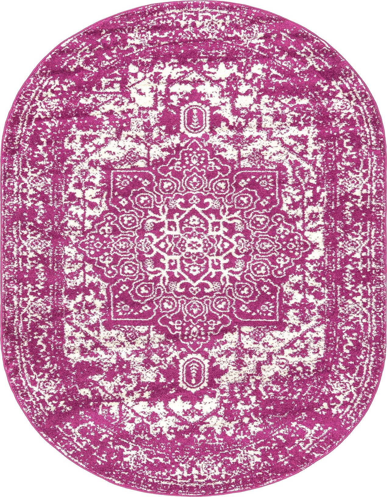 A 5' 3 x 8' 0 oval purple area rug with a distressed white traditional medallion pattern, suitable for indoor use.