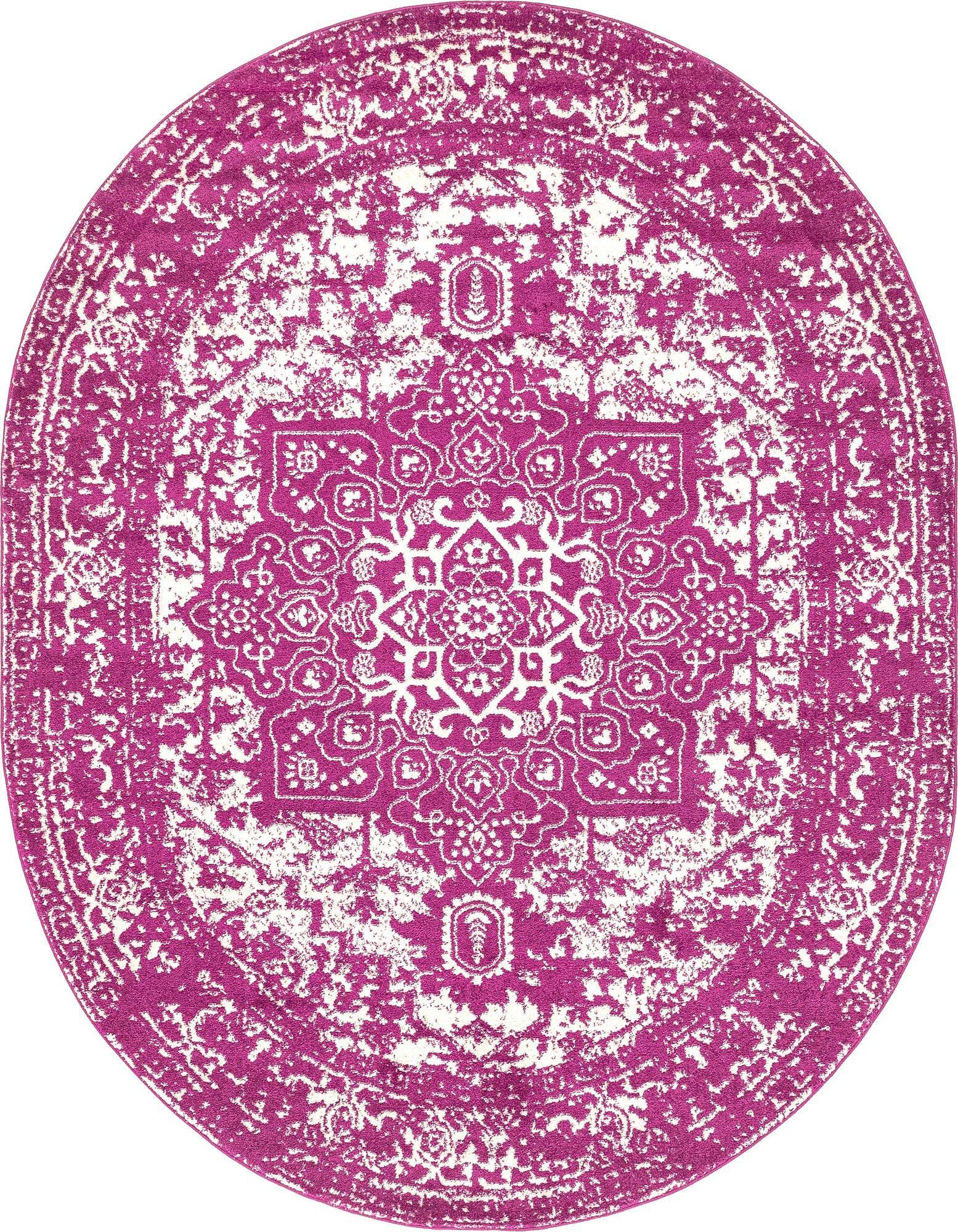 An oval purple and white distressed traditional medallion rug, perfect for adding a vintage touch to an indoor living space.
