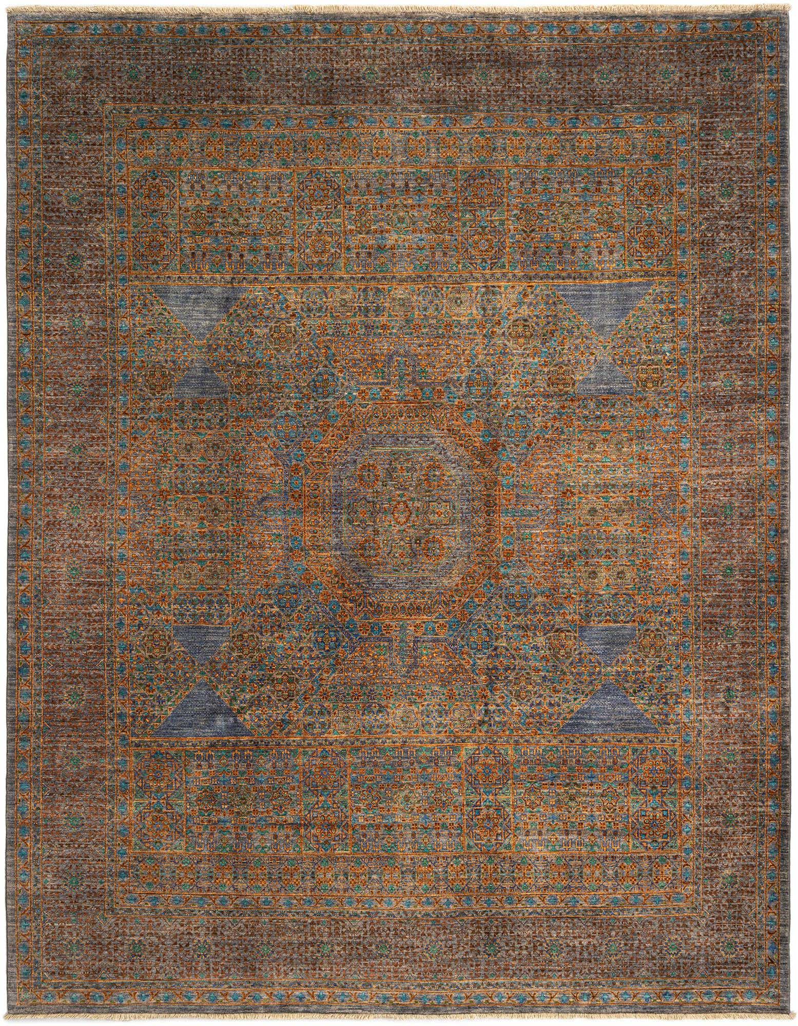 An 8x10 rectangular Amina Persian rug in shades of purple, blue, and orange, featuring intricate floral and medallion patterns.